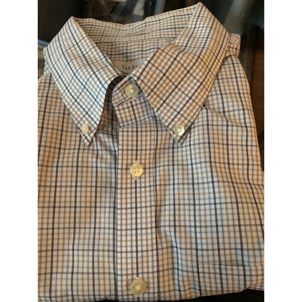 Van-Heusen Men's Short Sleeve Shirt Gray/Tan/Wh Check Size XL 17-17.5  No Iron